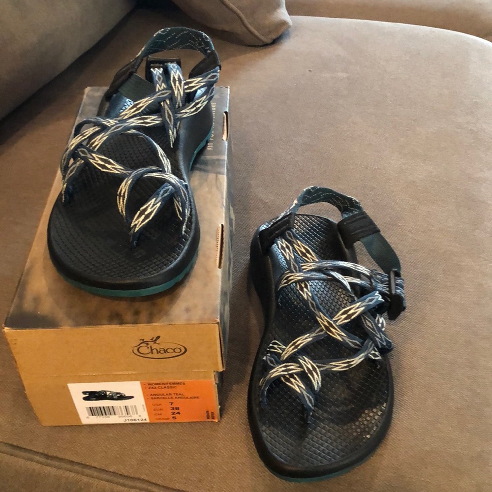 Teal sandals. Chaco